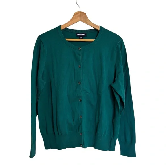 Lands’End dark green fine gauge cotton blend long sleeve button cardigan size LP - Picture 3 of 13
